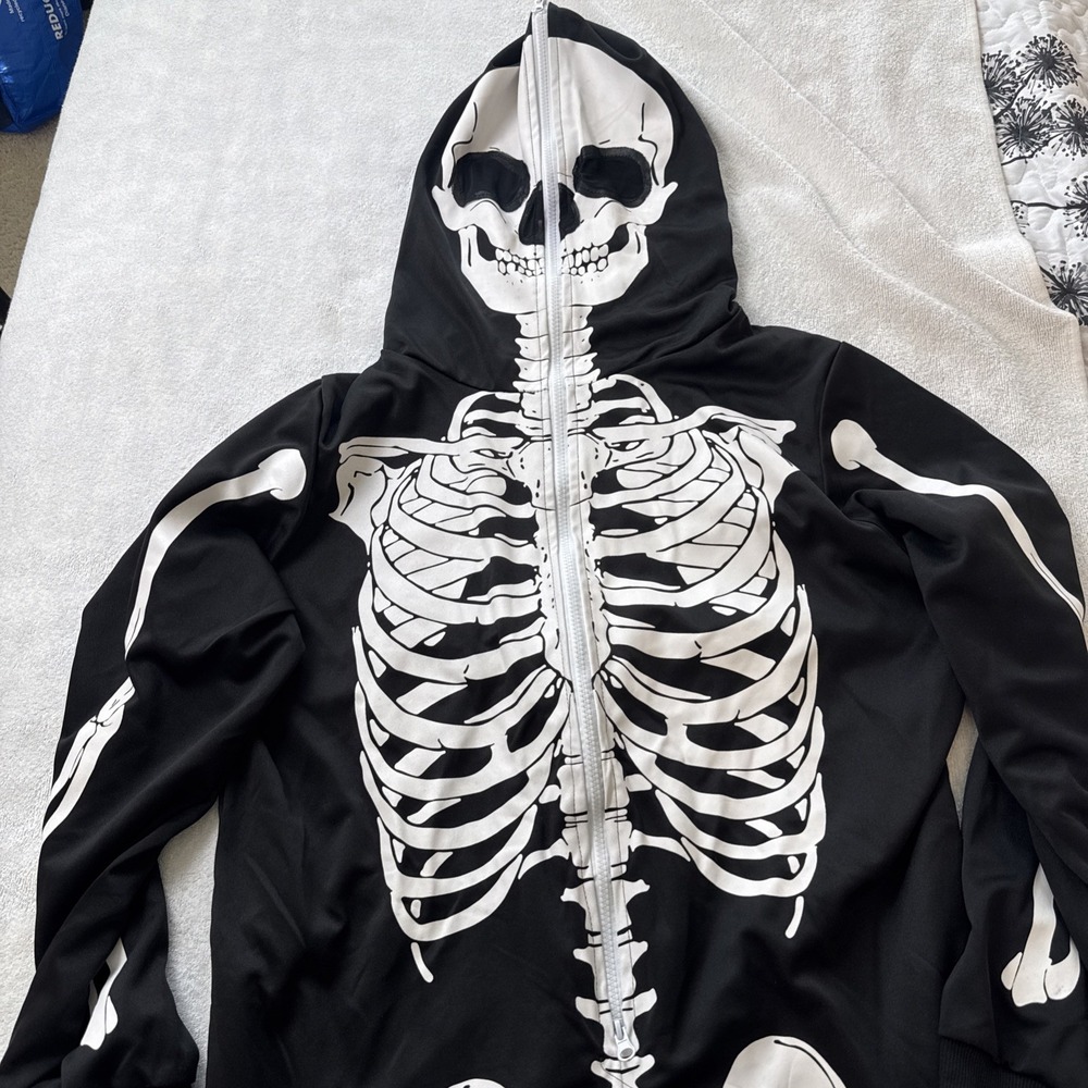Spooktacular Creations Womens XL Skeleton Bodysuit Hooded Skull Mask Halloween